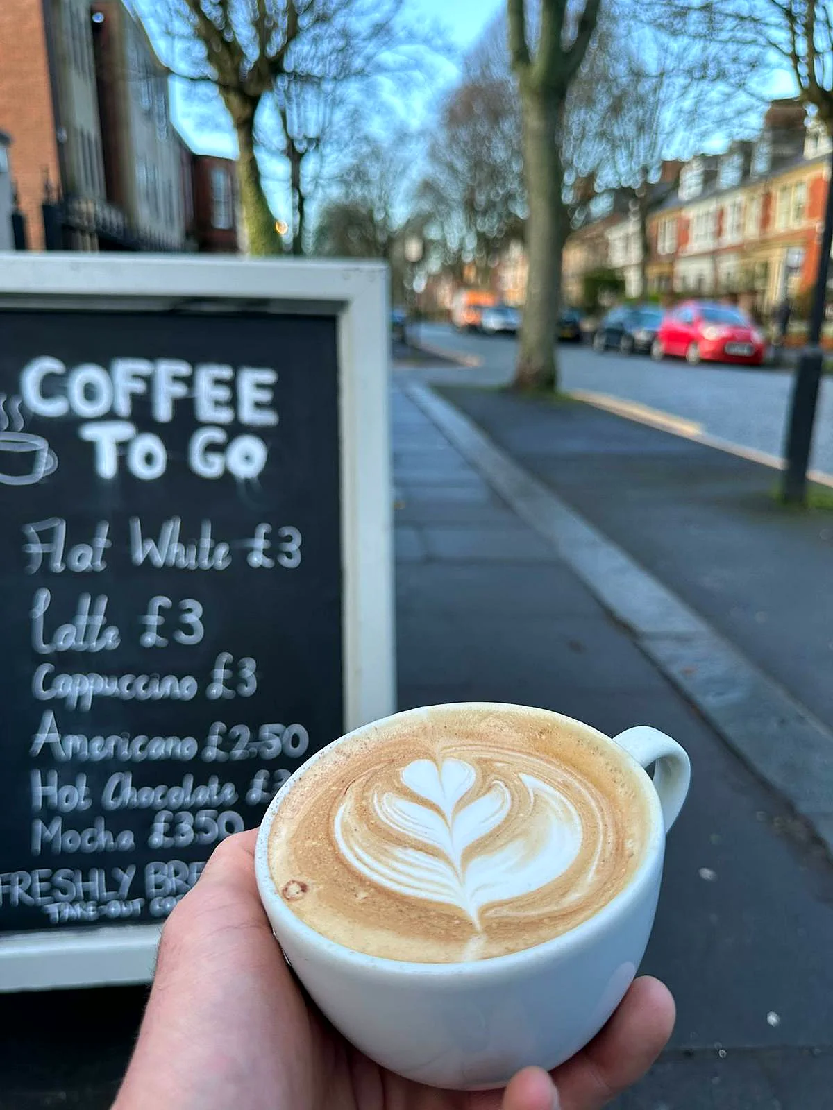 Coffee to go — the café's takeaway board on West Avenue