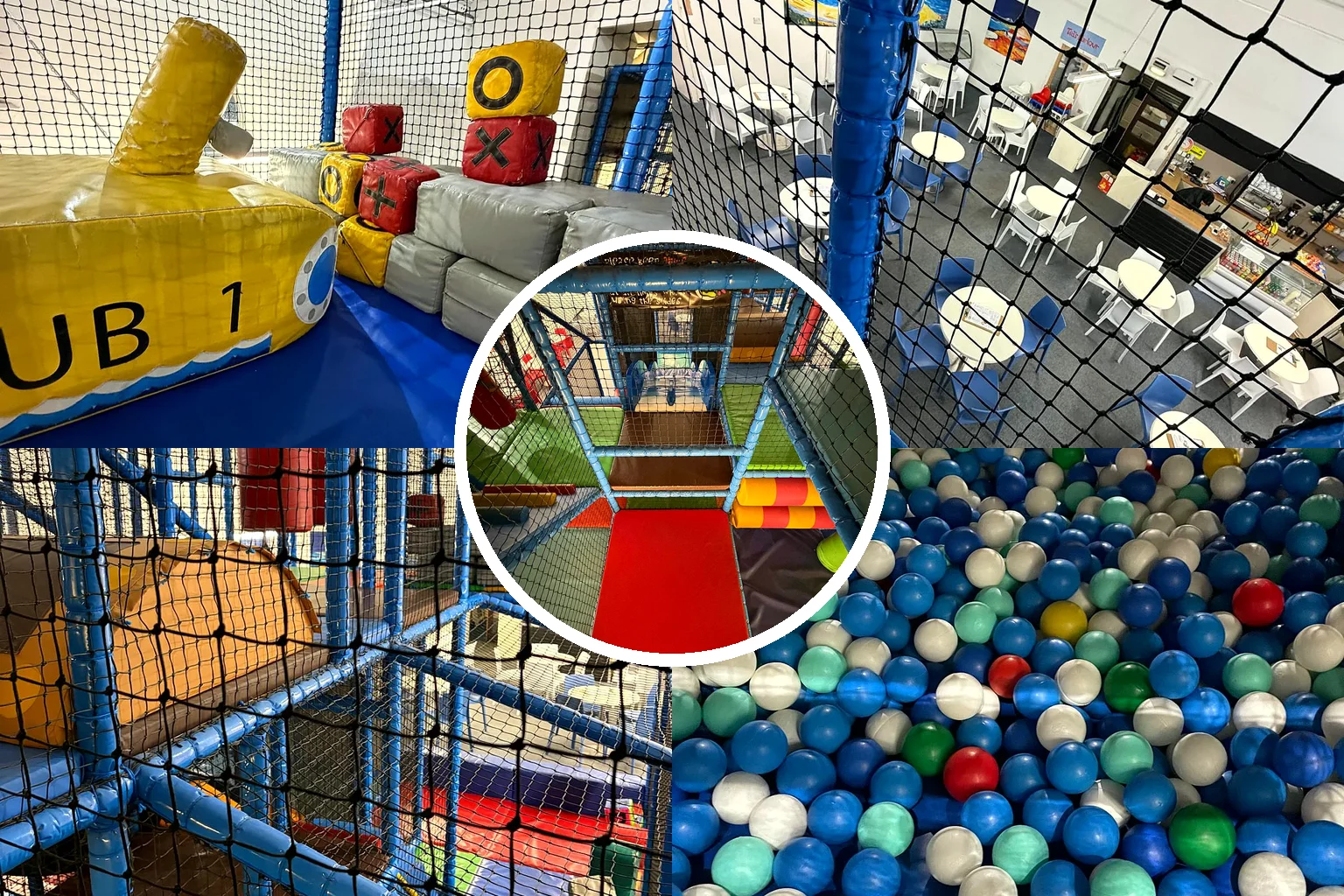 A montage of Captain Ted's soft play — the play frame, submarine, ball pool and caf&eacute;